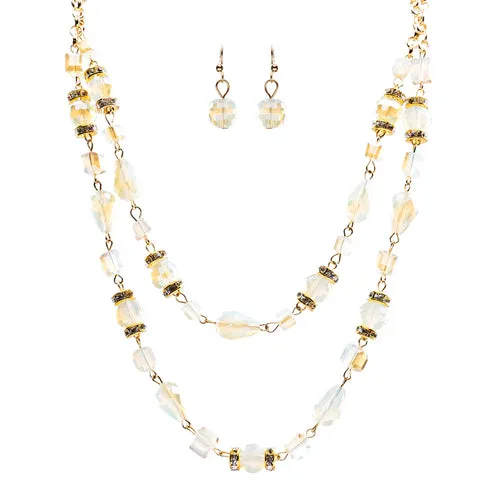 Beautiful Fashion Beads Double Layered Design Statement Necklace Set Ivory