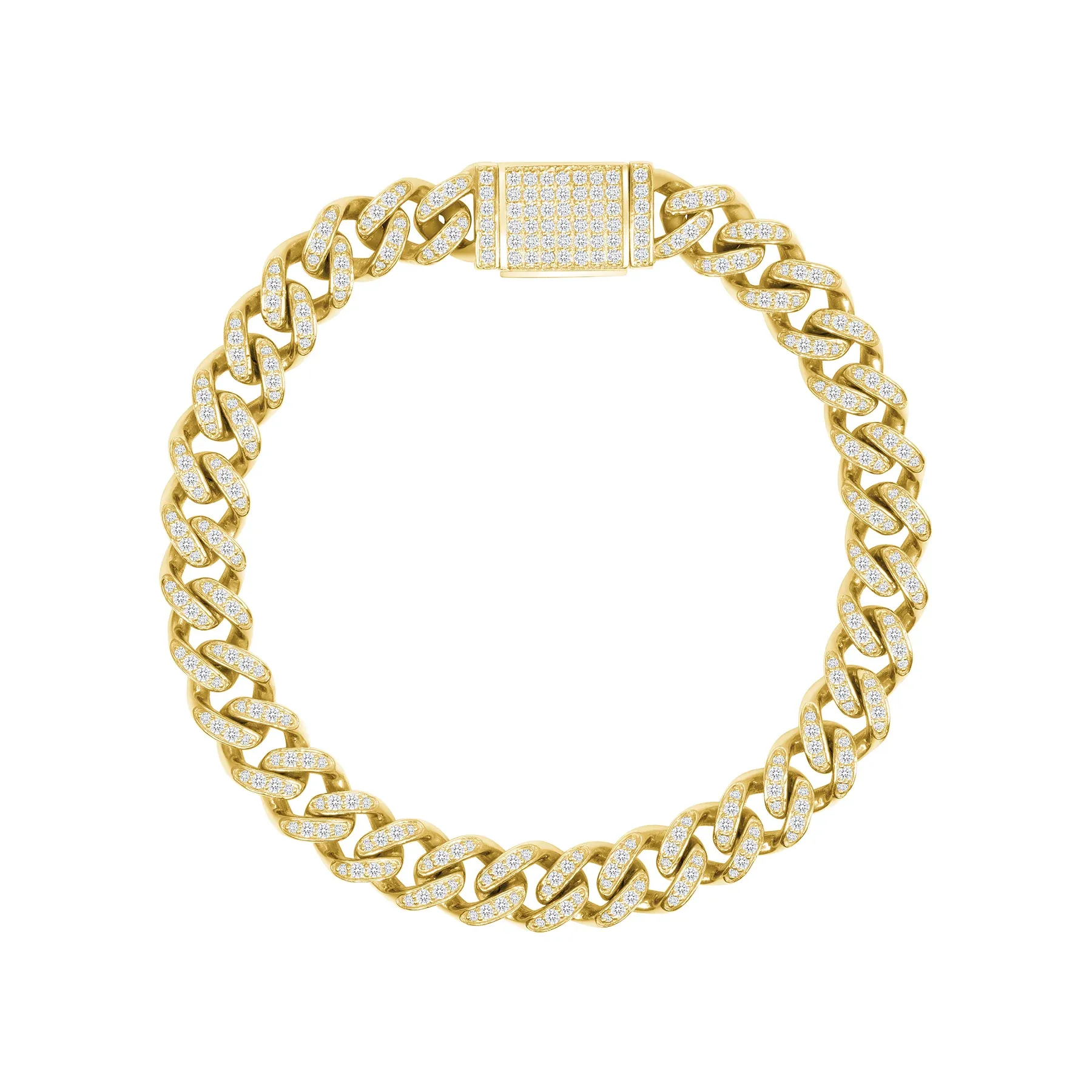 Cuban Link Round Diamond 14K Yellow Gold Bracelet