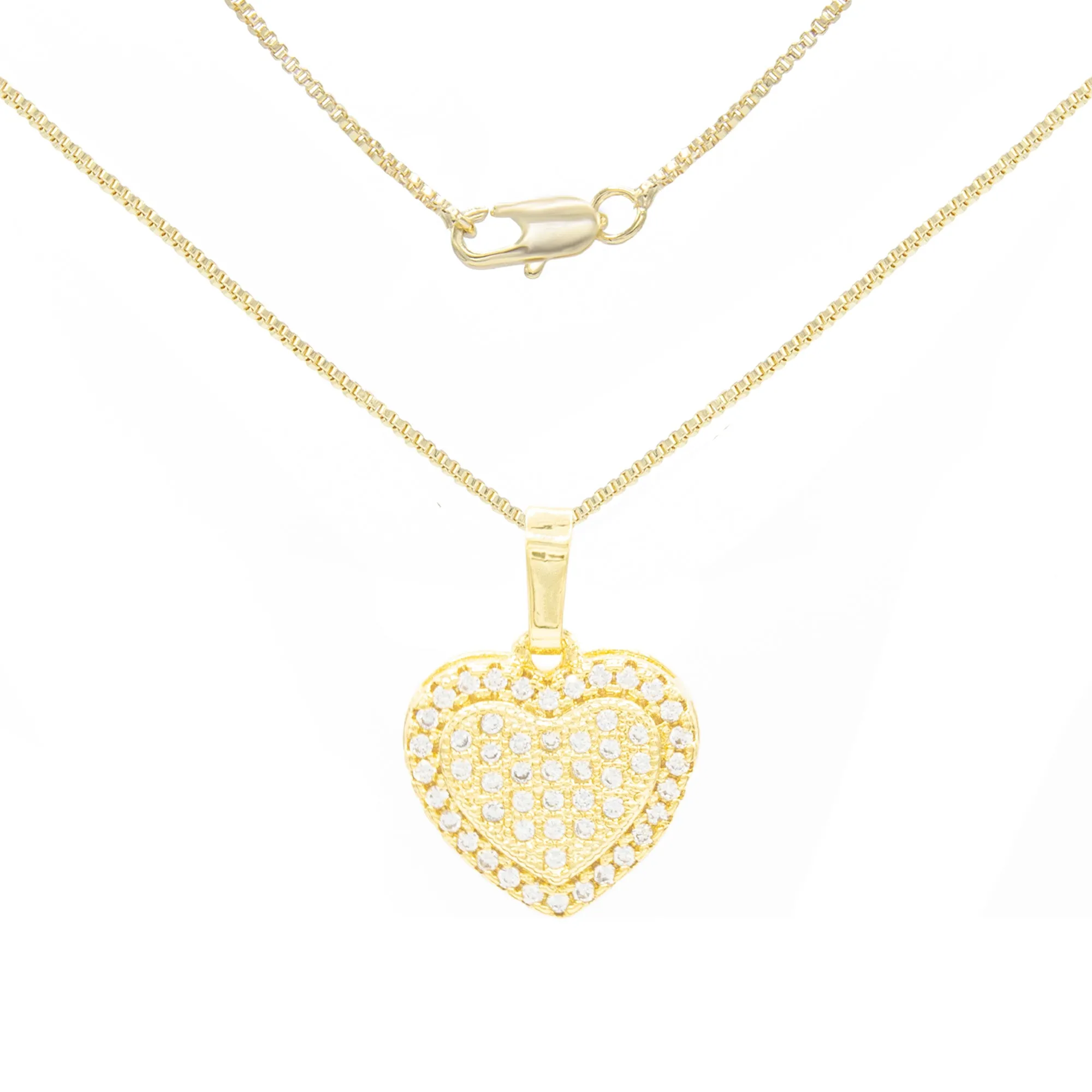Cubic Zirconia 14K Gold Filled Dual Heart Pendant Necklace Set