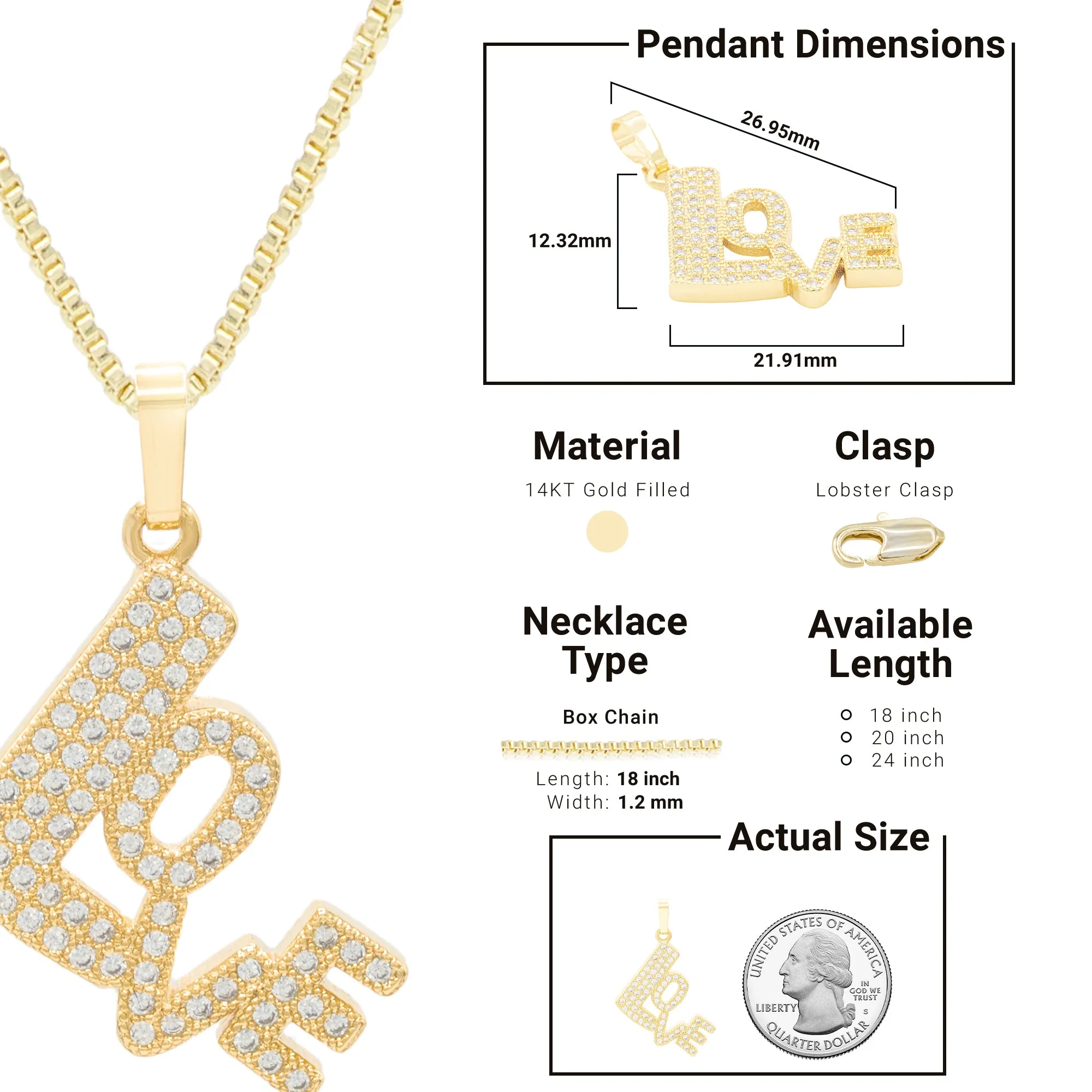 Cubic Zirconia 14K Gold Filled Love Pendant Necklace Set