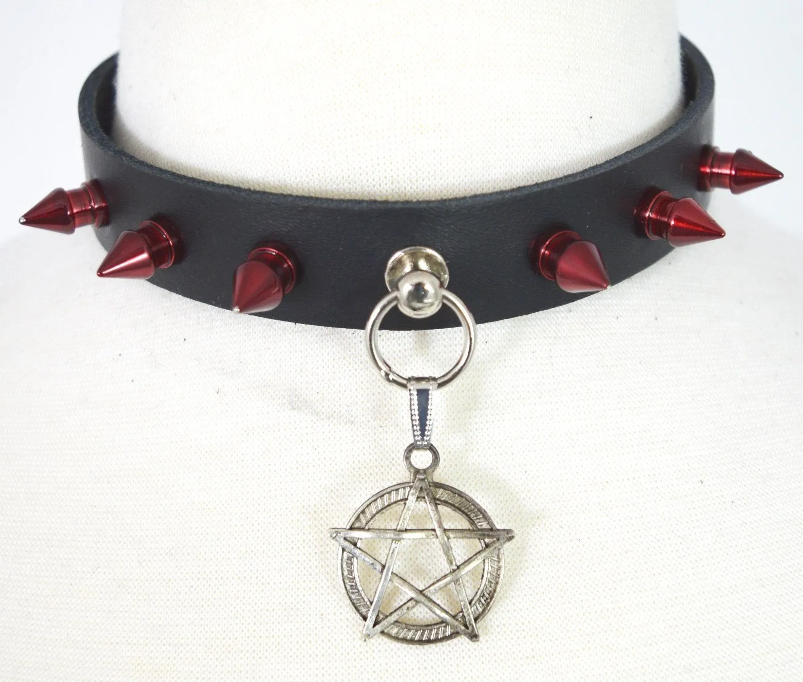 Gothic Punk Rock Emo Pentagram Charm Rivet Red Spikes Leather Choker Collar Necklace