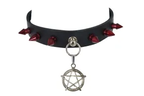 Gothic Punk Rock Emo Pentagram Charm Rivet Red Spikes Leather Choker Collar Necklace