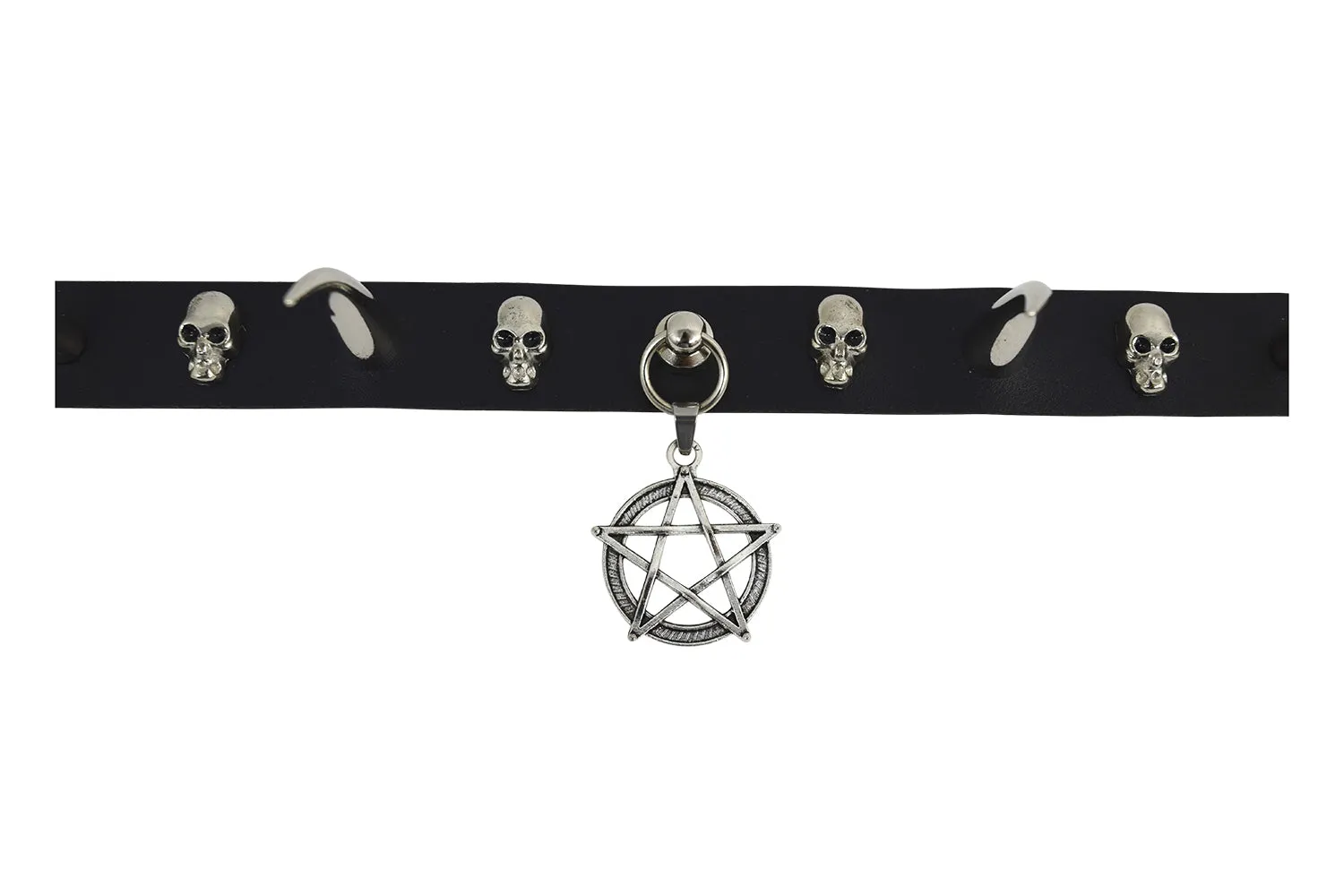 Gothic Punk Rock Emo pentagram Charm Skull Stud and Horn Spike Leather Choker Collar Necklace