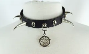 Gothic Punk Rock Emo pentagram Charm Skull Stud and Horn Spike Leather Choker Collar Necklace