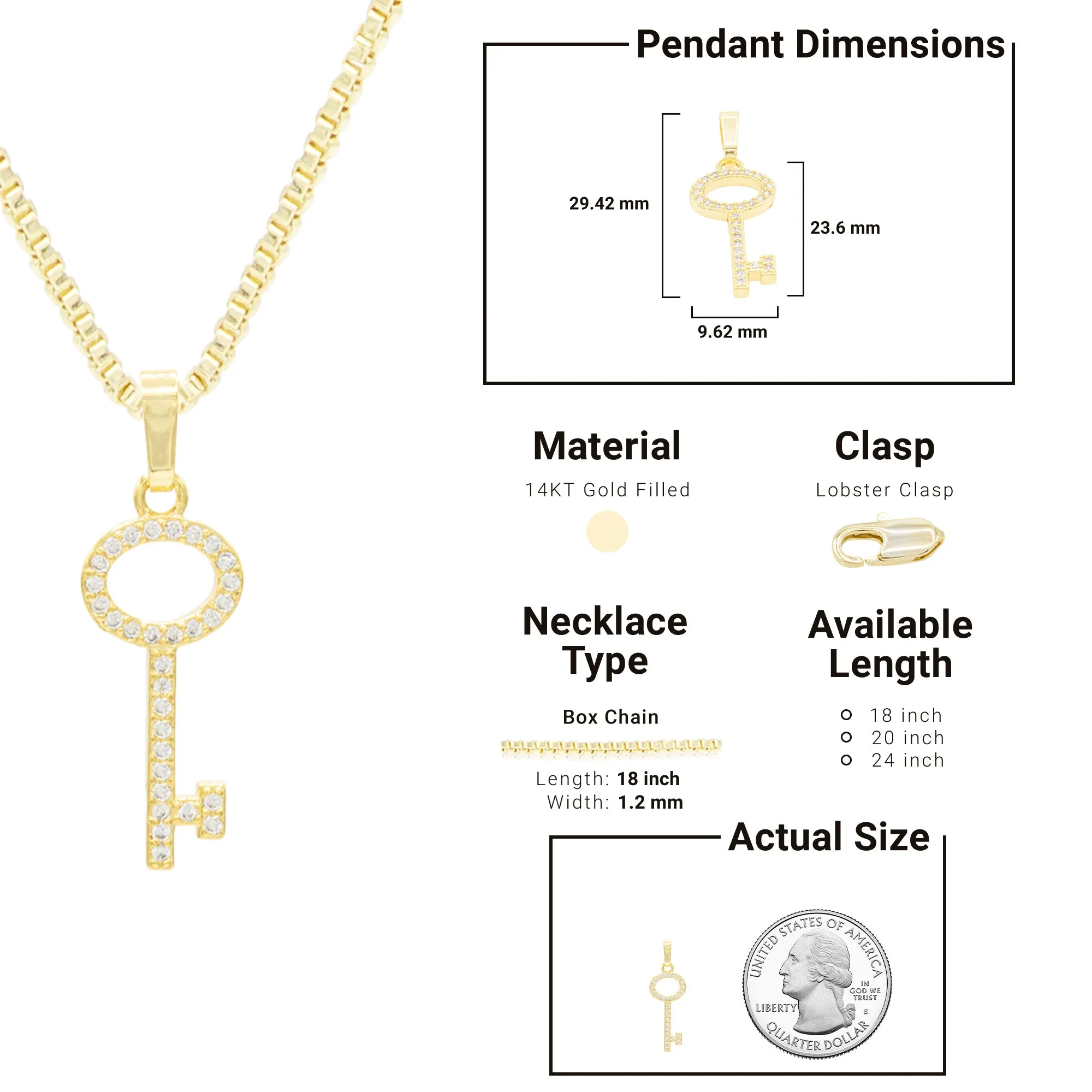 Key Cubic Zirconia Pendant With 14K Gold Filled Necklace Set
