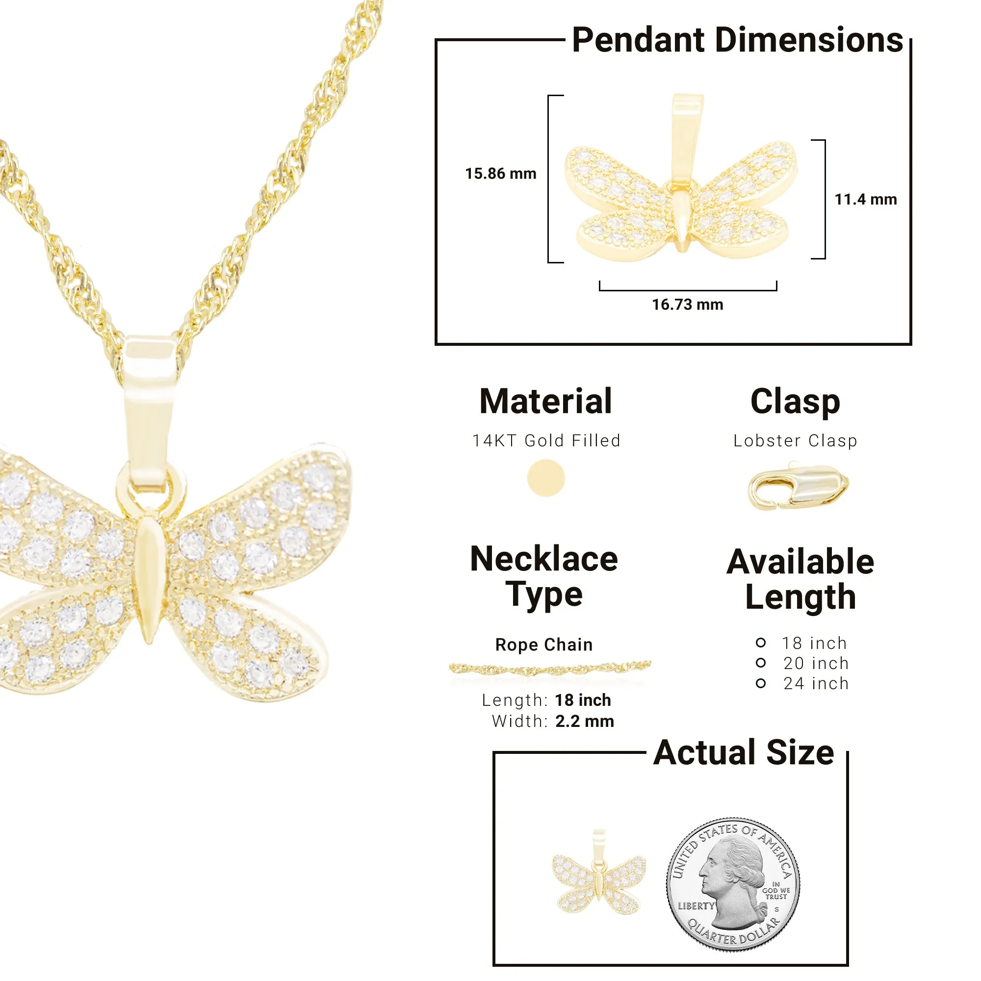 Morning Butterfly 5 Cubic Zirconia Pendant With 14K Gold Filled Necklace Set