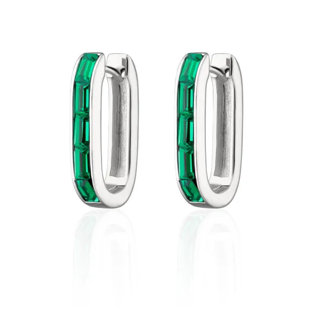 Oval Baguette Hoop Earrings With Green Stones - Silver - SPS-93