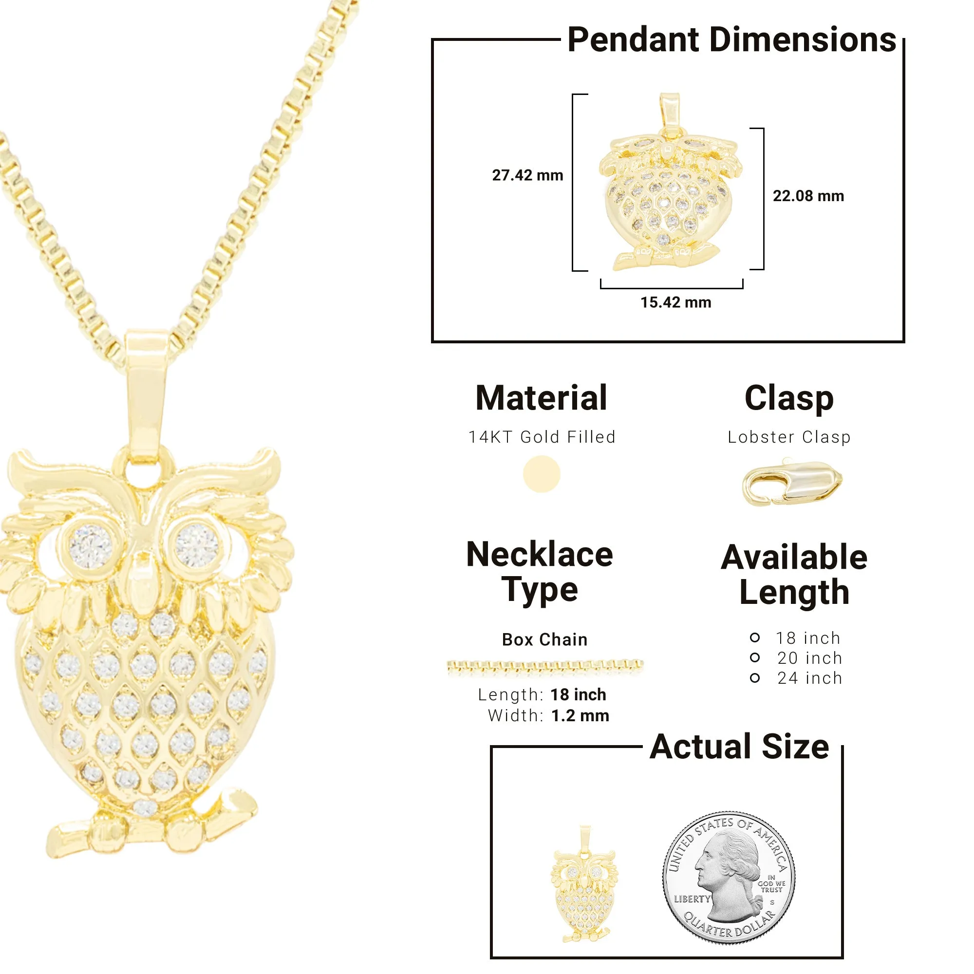 Owl Cubic Zirconia Pendant With 14K Gold Filled Necklace Set
