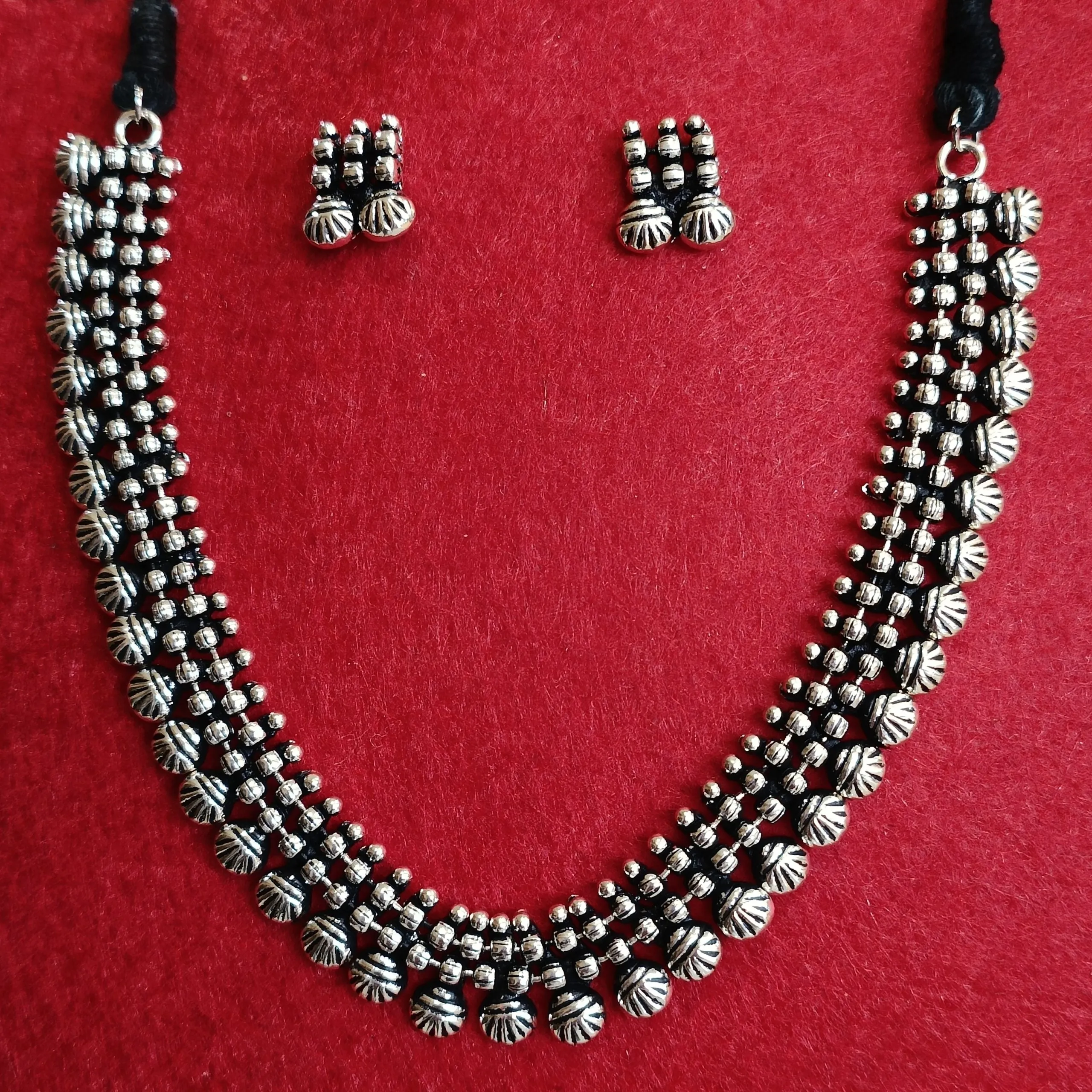 Silver Oxidised Plated Delicate Choker Necklace Set- OXDNK 2327
