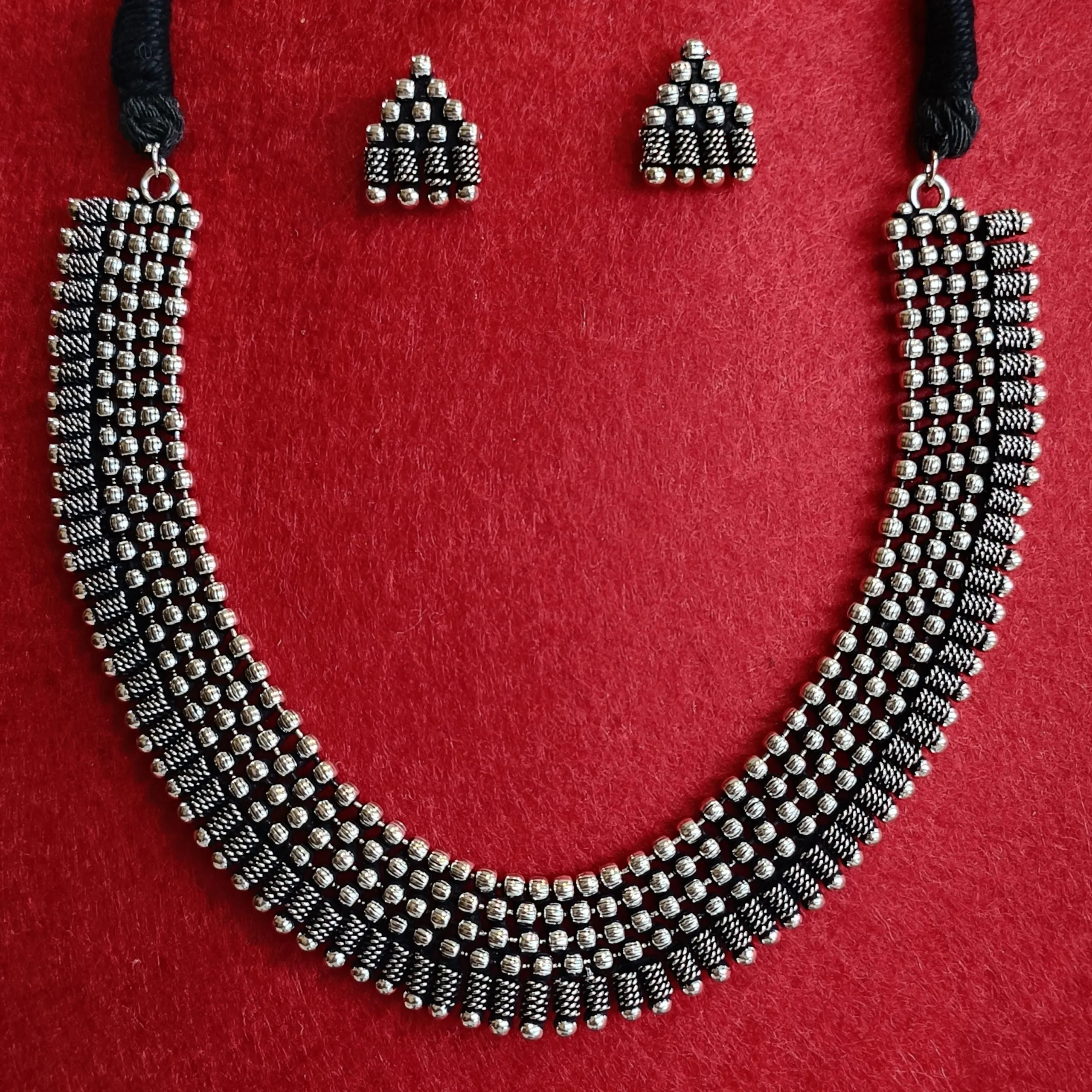 Silver Oxidised Plated Delicate Choker Necklace Set- OXDNK 2329